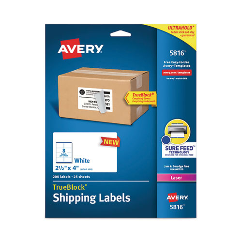Avery® Shipping Labels with TrueBlock Technology, Laser Printers, 2.5 x 4, White, 8/Sheet, 25 Sheets/Pack