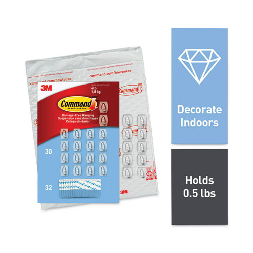 Image of Mini Hooks, Small, Plastic, Clear, 0.5 lb Capacity,  30 Hooks and 32 Strips/Pack