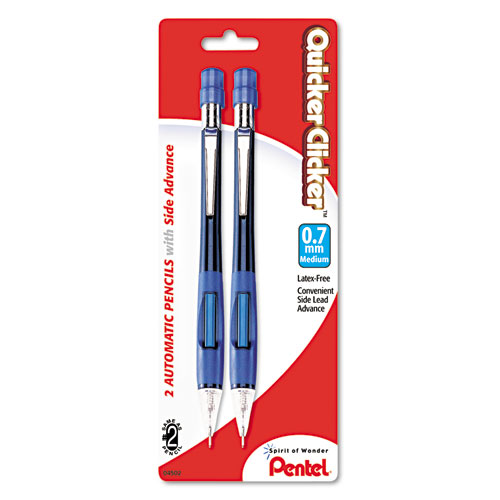 Pentel® Quicker Clicker Mechanical Pencil, 0.7 Mm, Hb (#2.5), Black Lead, Blue Barrel, 2/Pack