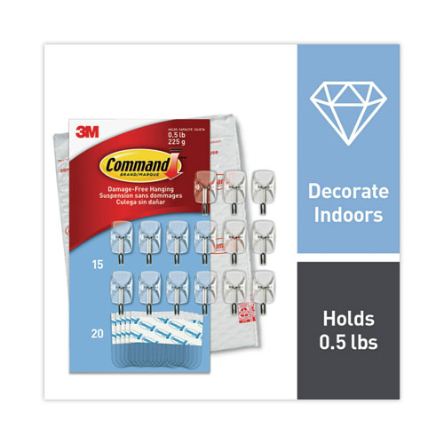Command™ Small Wire Hooks, Small, Plastic/Metal, Clear, 0.5 lb Capacity,  Clear, 15 Hooks and 20 Strips/Pack
