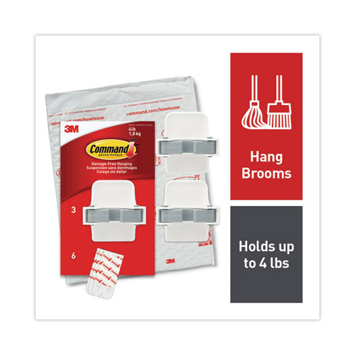 Broom Gripper, 3.12w x 1.85d x 3.34h, White/Gray, 3 Grippers/6 Strips