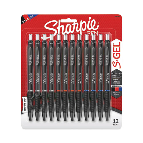 S-Gel High-Performance Gel Pen, Retractable, Medium 0.7 mm, Assorted Ink Colors, Black Barrel, Dozen