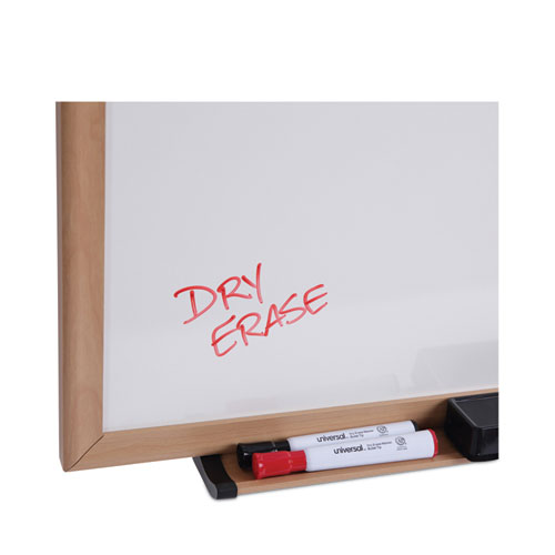 Image of Universal® Deluxe Melamine Dry Erase Board, 72 X 48, Melamine White Surface, Oak Fiberboard Frame