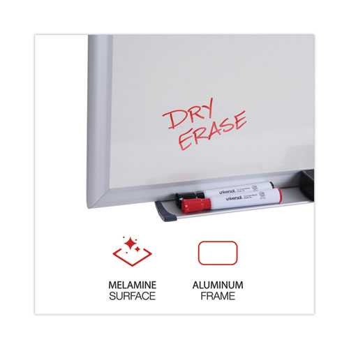 Image of Universal® Deluxe Melamine Dry Erase Board, 48 X 36, Melamine White Surface, Silver Aluminum Frame