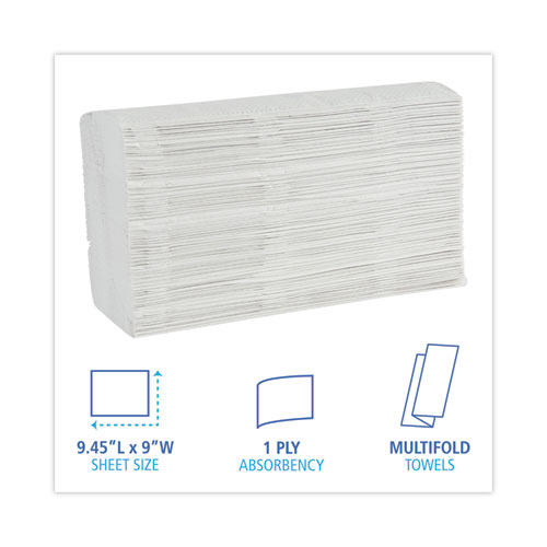 Image of Boardwalk® Multifold Paper Towels, 1-Ply, 9 X 9.45, White, 250 Towels/Pack, 16 Packs/Carton