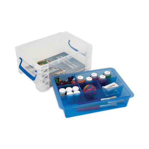 Super Stacker Divided Storage Box, 6 Sections, 10.38" x 14.25" x 6.5", Clear/Blue