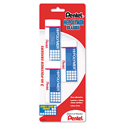 Image of Pentel® Hi-Polymer Eraser, For Pencil Marks, Rectangular Block, Medium, White, 3/Pack