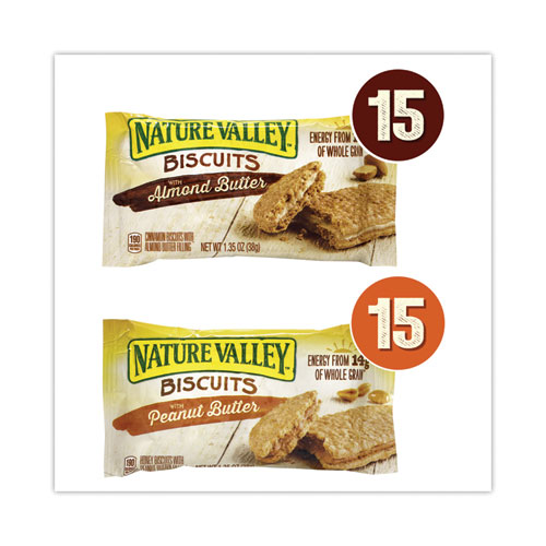 Image of Nature Valley® Biscuits, Cinnamon With Almond Butter/Honey With Peanut Butter, 1.35 Oz Pouch, 30/Carton, Ships In 1-3 Business Days