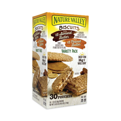 Nature Valley® Biscuits, Cinnamon With Almond Butter/Honey With Peanut Butter, 1.35 Oz Pouch, 30/Carton, Ships In 1-3 Business Days