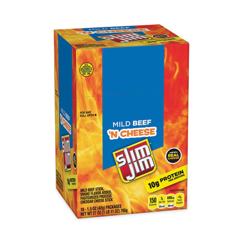 Image of Slim Jim® Beef And Cheese Meat Sticks, 1.5 Oz, 18/Carton, Ships In 1-3 Business Days