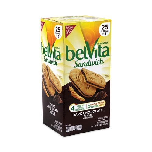 belVita Breakfast Biscuits, Dark Chocolate Creme Breakfast Sandwich, 1.76 oz Pack, 25 PK/Carton, Ships in 1-3 Business Days