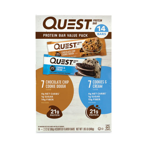 Image of Quest® Protein Bar Value Pack, Chocolate Chip Cookie Dough, Cookies And Cream, 2.12 Oz Bar, 14/Carton, Ships In 1-3 Business Days