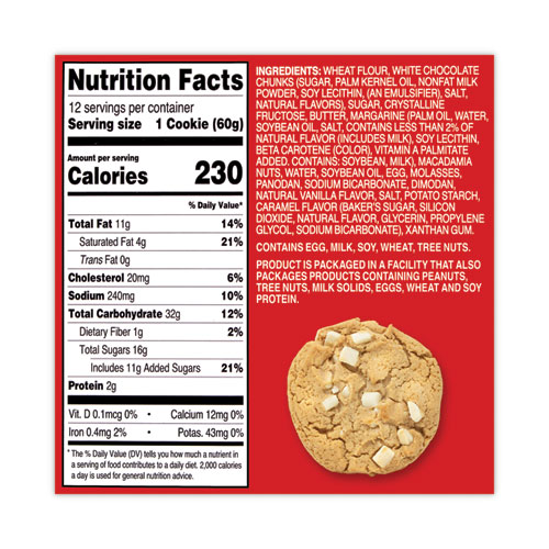 White Chunk Macadamia Cookies, 2.1 oz, Individually Wrapped Pack, White Chocolate, 12/Carton, Ships in 1-3 Business Days