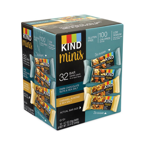 Image of Kind Minis, Dark Chocolate Nuts Sea Salt/Caramel Almond Nuts Sea Salt, 0.7 Oz Bar, 32 Bars/Carton, Ships In 1-3 Business Days
