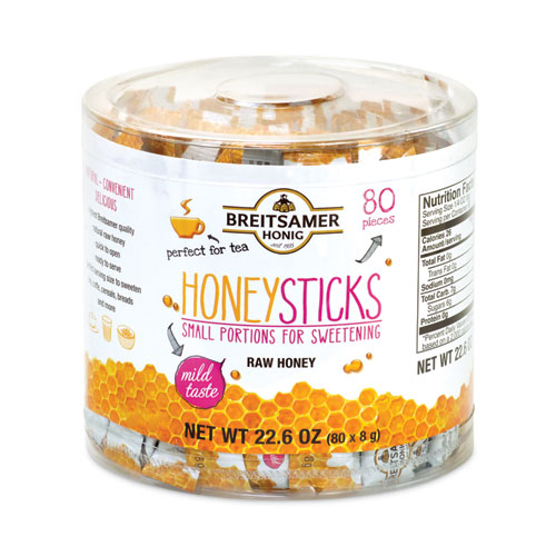 Breitsamer Honig Raw Honey Sticks, 0.28 Oz, 80 Sticks/Tub, 1 Tub/Carton, Ships In 1-3 Business Days