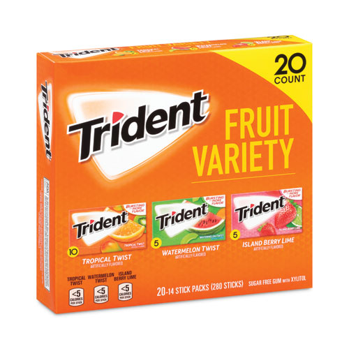 Image of Trident® Sugar-Free Gum, Fruit Variety, 14 Pieces/Pack, 20 Packs/Carton, Ships In 1-3 Business Days