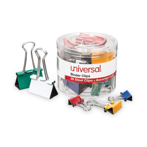 Image of Universal® Binder Clips With Storage Tub, (12) Mini (0.5"), (12) Small (0.75"), (6) Medium (1.25"), Assorted Colors