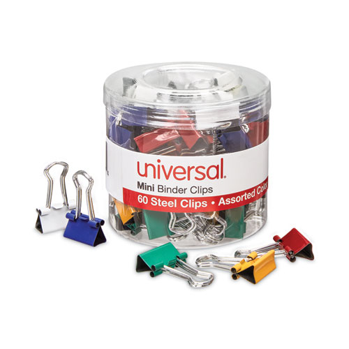 Image of Universal® Binder Clips With Storage Tub, Mini, Assorted Colors, 60/Pack