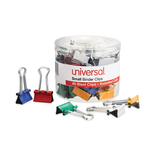 Image of Universal® Binder Clips With Storage Tub, Small, Assorted Colors, 40/Pack