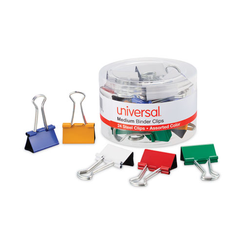 Image of Universal® Binder Clips With Storage Tub, Medium, Assorted Colors, 24/Pack