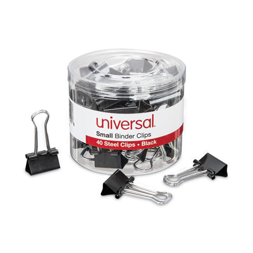 Image of Universal® Binder Clips With Storage Tub, Small, Black/Silver, 40/Pack