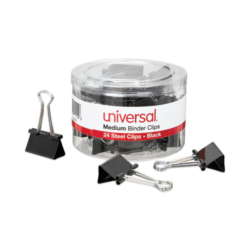 Image of Universal® Binder Clips With Storage Tub, Medium, Black/Silver, 24/Pack