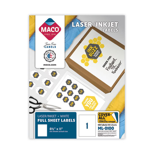 Maco® Cover-All Opaque Laser/Inkjet Shipping Labels, Full-Sheet Format, Inkjet/Laser Printers, 8.5 X 11, White, 100/Box