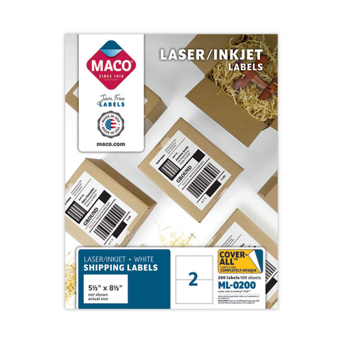 Maco® Cover-All Opaque Laser/Inkjet Shipping Labels, Internet Format, 5.5 X 8.5, White, 2 Labels/Sheet, 100 Sheets/Box