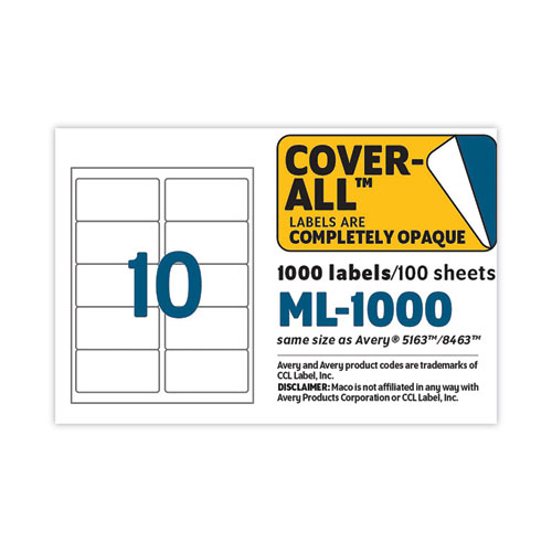 Cover-All Opaque Laser/Inkjet Shipping Labels, Inkjet/Laser Printers, 2 x 4, White, 10 Labels/Sheet, 100 Sheets/Box