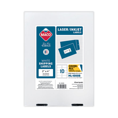 Maco® Cover-All Opaque Laser/Inkjet Shipping Labels, Inkjet/Laser Printers, 2 X 4, White, 10 Labels/Sheet, 250 Sheets/Box