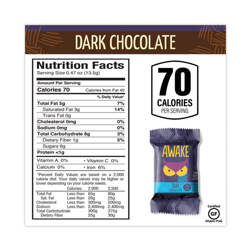 Caffeinated Dark Chocolate Bites, 0.47 oz Bars, 50 Bars/Carton