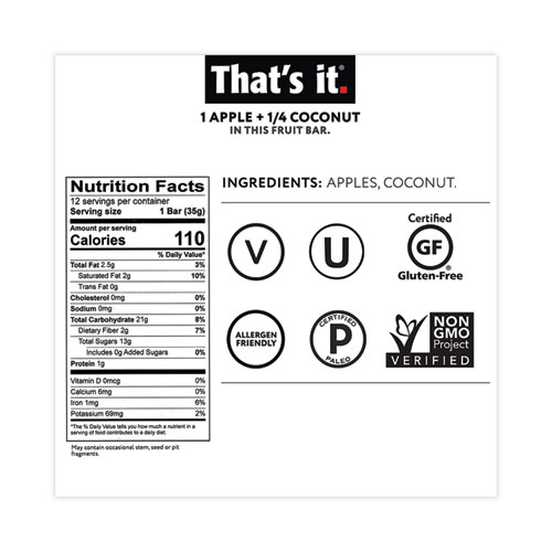 Image of That€™S It.® Nutrition Bar, Gluten Free Apple And Coconut Fruit, 1.2 Oz Bar, 12/Carton, Ships In 1-3 Business Days