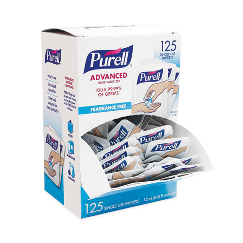 PURELL® Advanced Hand Sanitizer Single Use, Gel , 1.2 mL, Packet, Fragrance-Free, 125/Box, 12 Box/Carton