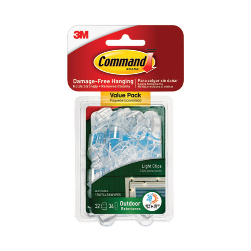 Image of Command™ All Weather Hooks And Strips, Cord Clips, Plastic, Clear, 0.1 Lb Capacity, 32 Clips And 36 Small Strips/Pack