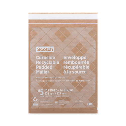 Scotch™ Curbside Recyclable Padded Mailer, #5, Bubble Cushion, Self-Adhesive Closure, 12 X 17.25, Natural Kraft, 100/Carton