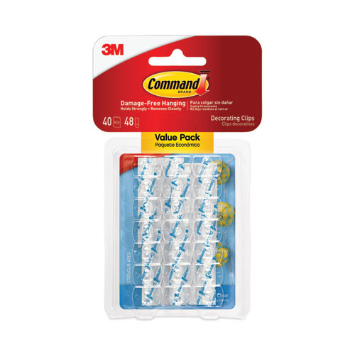 Clear Hooks and Strips, Decorating Clips, Plastic, 0.15 lb Capacity, 40 Clips and 48 Strips/Pack