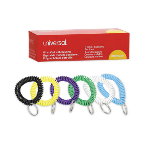Image of Universal® Wrist Coil Plus Key Ring, Plastic, Assorted Colors, 6/Pack