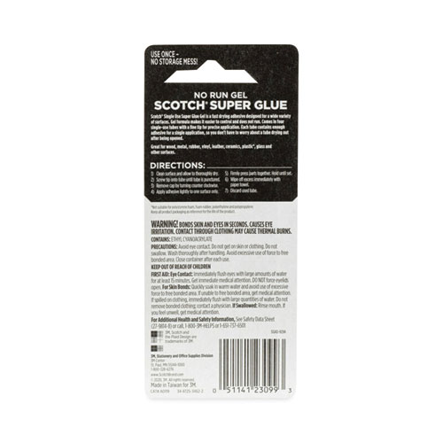 Single Use Super Glue No-Run Gel, 0.02 oz, Dries Clear, 4/Pack