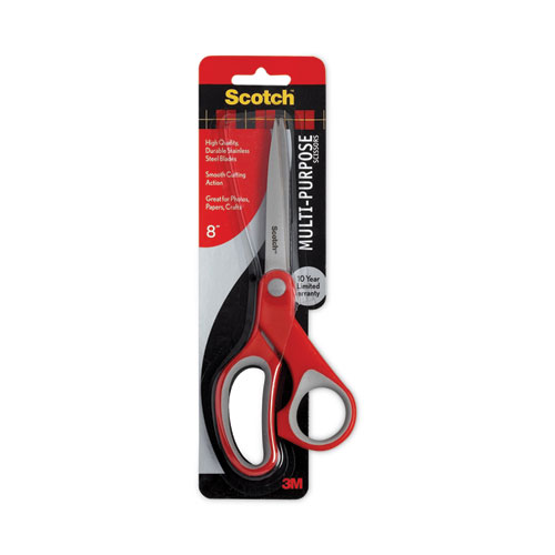 Image of Scotch® Multi-Purpose Scissors, 8" Long, 3.38" Cut Length, Gray/Red Straight Handle