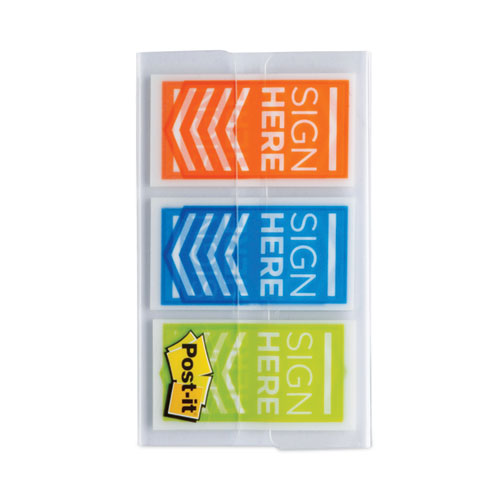 Image of Arrow Message 1" Page Flags, "Sign Here", Blue/Lime/Orange, 20 Flags/Dispenser, 3 Dispensers/Pack