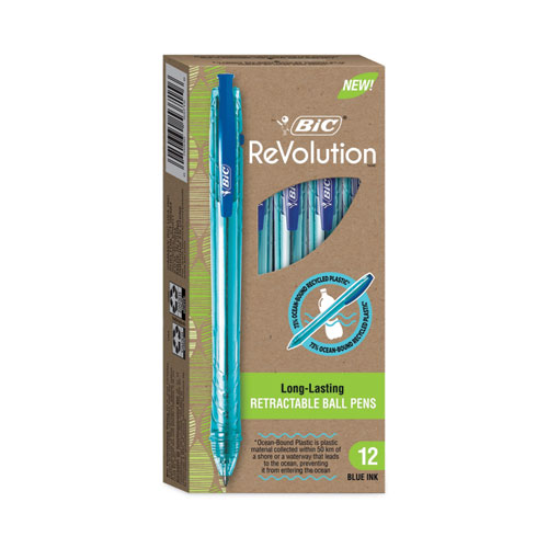 ReVolution Ocean Bound Ballpoint Pen, Retractable, Medium 1 mm, Blue Ink, Translucent Blue Barrel, Dozen