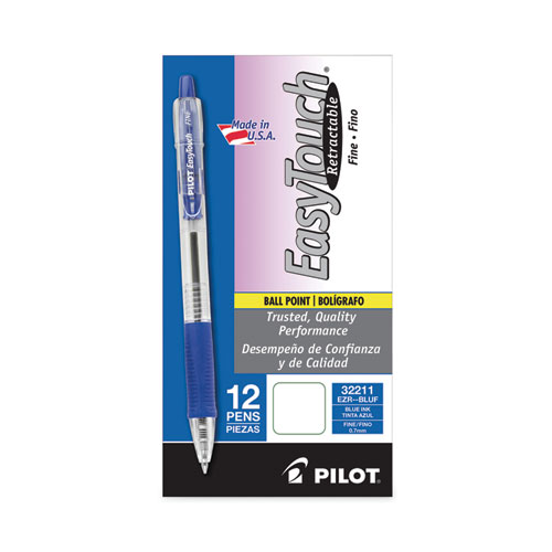 Image of Pilot® Easytouch Ballpoint Pen, Retractable, Fine 0.7 Mm, Blue Ink, Clear Barrel, Dozen