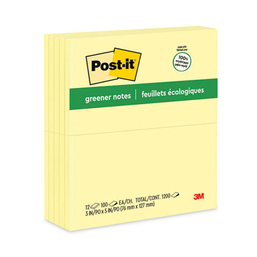 Image of Original Recycled Note Pads, 3" x 5", Canary Yellow, 100 Sheets/Pad, 12 Pads/Pack