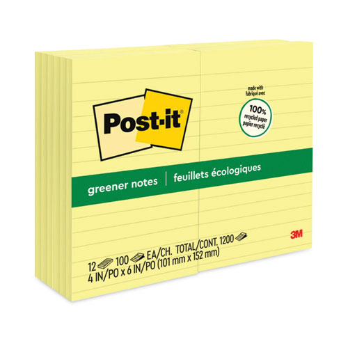 Original Recycled Note Pads, Note Ruled, 4" x 6", Canary Yellow, 100