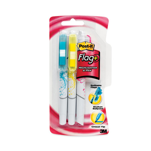 Post-it® Flag+ Highlighter and Pen, Assorted Ink/Flag Colors, Chisel/Conical Tips, Assorted Barrel Colors/Graphics, 3/Pack