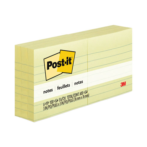 Post-It® Notes Original Pads In Canary Yellow, Note Ruled, 3" X 3", 100 Sheets/Pad, 6 Pads/Pack