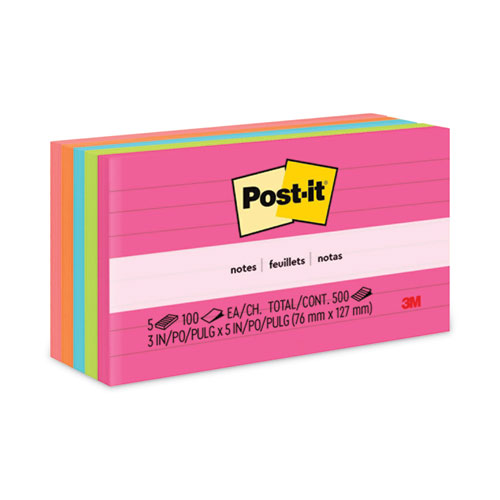 Post-It® Notes Original Pads In Poptimistic Collection Colors, Note Ruled, 3" X 5", 100 Sheets/Pad, 5 Pads/Pack