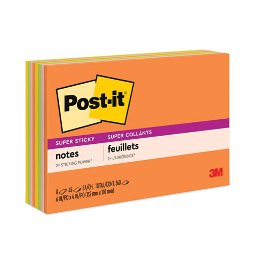 Post-It® Notes Super Sticky Meeting Notes In Energy Boost Collection Colors, 6" X 4", 45 Sheets/Pad, 8 Pads/Pack