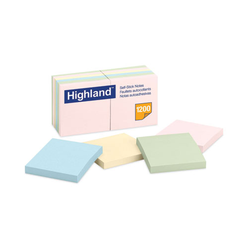 Highland™ Self-Stick Notes, 3" X 3", Assorted Pastel Colors, 100 Sheets/Pad, 12 Pads/Pack
