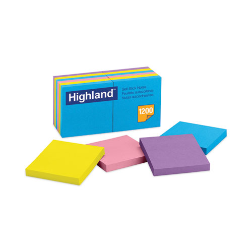 Highland™ Self-Stick Notes, 3" x 3", Assorted Bright Colors, 100 Sheets/Pad, 12 Pads/Pack